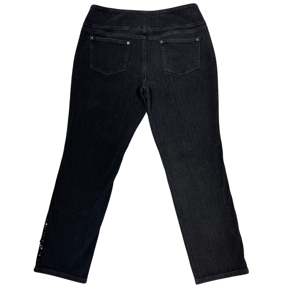 Belle Kim Gravel Jeans 16 Black Sequin Stripe Pull On Straight Leg Sequins Bling - Picture 2 of 11
